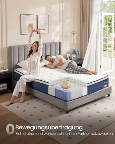 VASAGLE RMZ224QZ02 zsebrugós matrac gél memory foam réteggel 140 x 200 x 25 cm közepes keménység H3 7 zónás kék