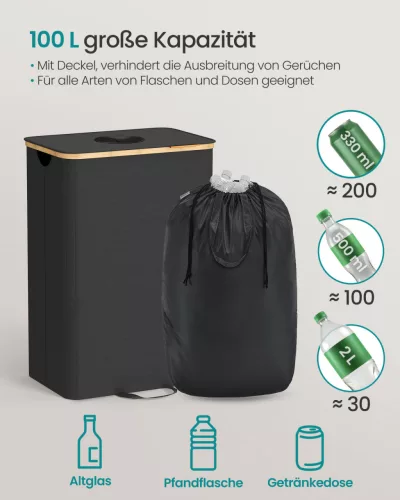 SONGMICS 100 literes szelektív hulladékgyűjtő konténer bambusz kerettel fekete-bézs
