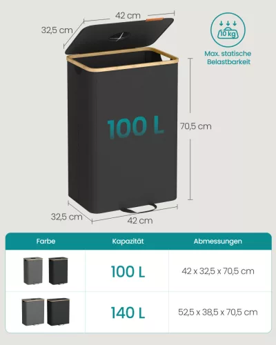 SONGMICS 100 literes szelektív hulladékgyűjtő konténer bambusz kerettel fekete-bézs