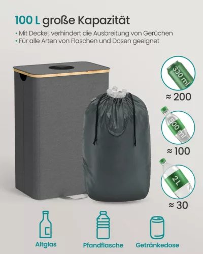 SONGMICS 100 literes szelektív hulladékgyűjtő konténer bambusz kerettel palackszínű szürke és természetes bézs