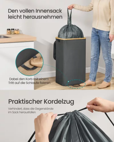 SONGMICS 100 literes szelektív hulladékgyűjtő konténer bambusz kerettel palackszínű szürke és természetes bézs