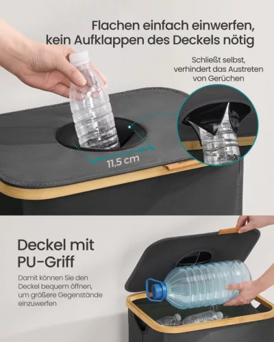 SONGMICS 100 literes szelektív hulladékgyűjtő konténer bambusz kerettel palackszínű szürke és természetes bézs