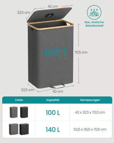 SONGMICS 100 literes szelektív hulladékgyűjtő konténer bambusz kerettel palackszínű szürke és természetes bézs