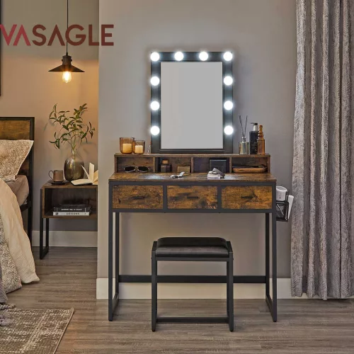 VASAGLE Vintage Fésülködőasztal LED Tükörrel és Ülőkével Ipari Stílusú Barna-Fekete