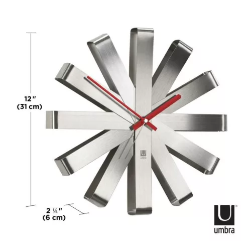 Umbra Ribbon Rozsdamentes Acél Modern Falióra Piros Mutatókkal