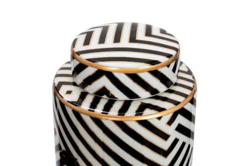 KARE Design Panther Porcelán Díszedény Fekete-Fehér Csíkos Arany Szegéllyel 25cm