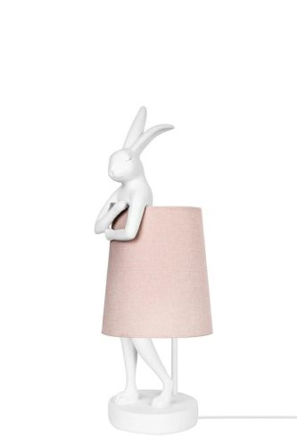 KARE Design Rabbit Asztali Lámpa Fehér Polirezin Rózsaszín Vászon Ernyővel