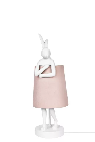 KARE Design Rabbit Asztali Lámpa Fehér Polirezin Rózsaszín Vászon Ernyővel