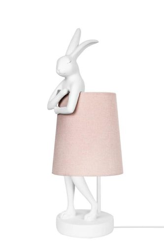 KARE Design Rabbit Asztali Lámpa Fehér Polirezin Rózsaszín Lenvászon Ernyővel 68 cm