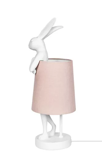 KARE Design Rabbit Asztali Lámpa Fehér Polirezin Rózsaszín Lenvászon Ernyővel 68 cm