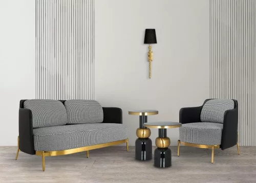 King Home Venice Luxus Kanapé Pepita Fekete-Fehér Arany Vázzal