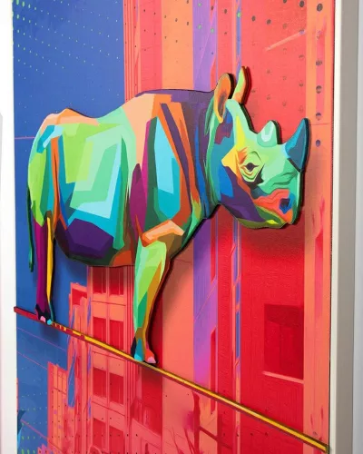 King Home Rhino in the City Pop Art 3D Fali Kép Kék-Rózsaszín
