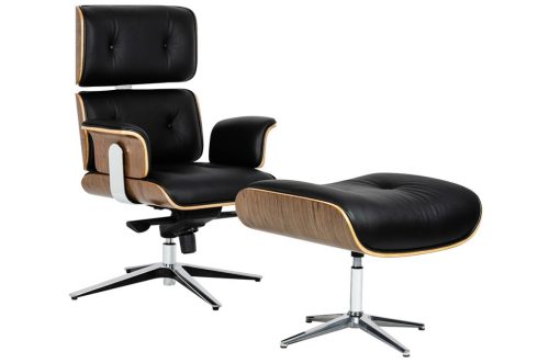 King Home Lounge Business Prémium Irodai Fotel Lábtartóval Diófa-Fekete Bőr
