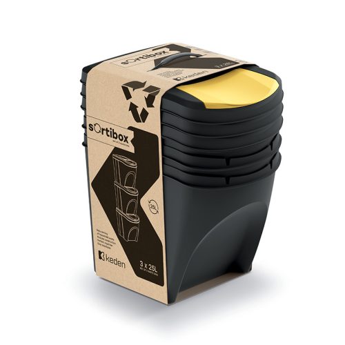 Sortibox 3 Darabos Szelektív Hulladékgyűjtő Rendszer Szett 3x25l Lapos Fekete