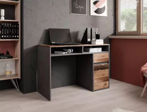 B-012 Modern Laminált Íróasztal Old Wood Sötétszürke Tárolórekeszekkel