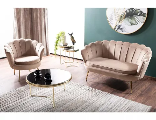 Camellia Luxus Bársony Fotel Bézs Arany Kagylóhéj