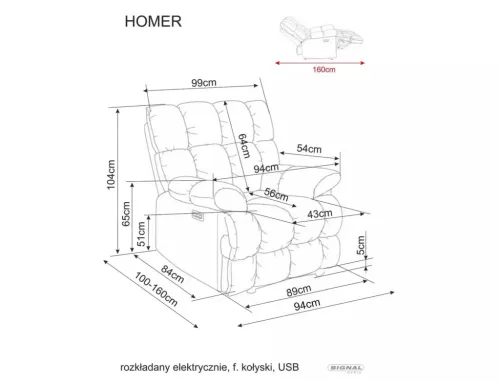 Homer Elektromos Relax Fotel Raven Szövet Szürke Hintafunkcióval