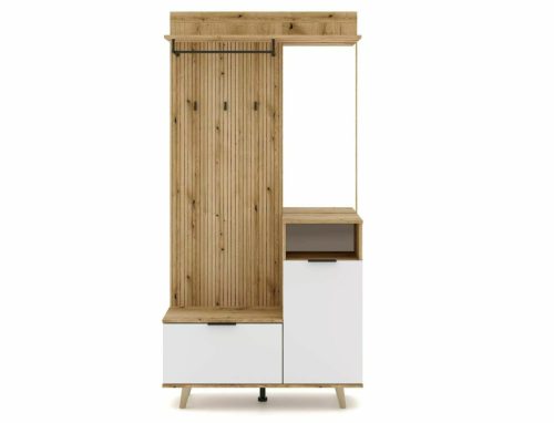 Modern P-013 Előszoba Szekrény Laminált Tölgy-Fehér Tükörrel