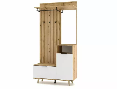 Modern P-013 Előszoba Szekrény Laminált Tölgy-Fehér Tükörrel