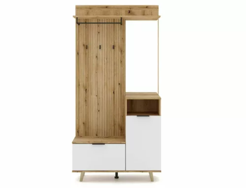 Modern P-013 Előszoba Szekrény Laminált Tölgy-Fehér Tükörrel