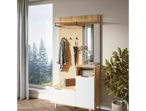Modern P-013 Előszoba Szekrény Laminált Tölgy-Fehér Tükörrel